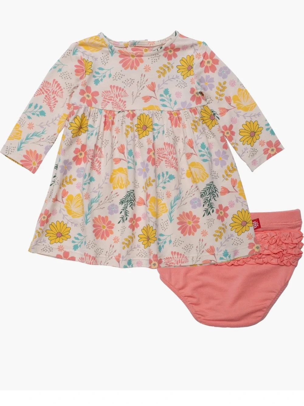 Magnetic Me Floral Long-Sleeve Dress with Coral Ruffle Bloomers